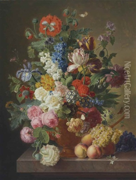 Peonies, Roses, Tulips, An Iris And Other Flowers In An Alabaster Vase On A Stone Ledge With Fruit Oil Painting - Jan Frans Van Dael