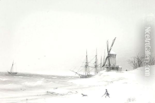 Coastal Scene With Windmill Oil Painting - Ivan Konstantinovich Aivazovsky