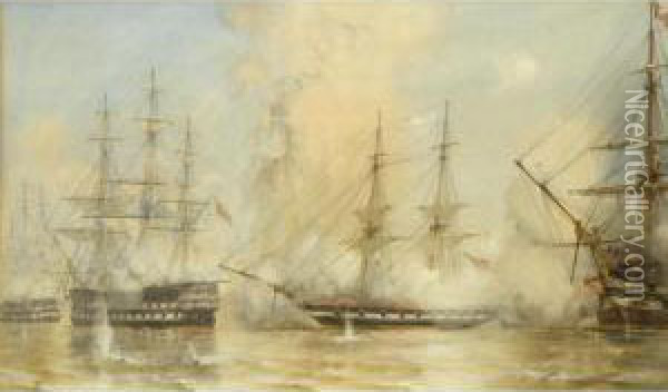 A Naval Engagement During The Crimean War Oil Painting - Sir Oswald Walter Brierly