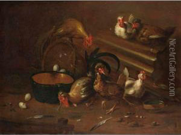 A Cockerel And Chickens In A Shed With An Earthenware Bowl And Baskets With Eggs Oil Painting - Baldassare De Caro