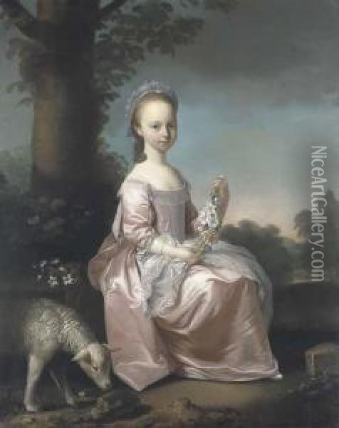 Portrait Of Margaret Smith, Of 
Cotescue, Full-length, Seated, In Apink Dress With White Lace Apron, 
Holding A Garland Of Flowers, Ina Landscape With A Sheep Oil Painting - Henry Pickering