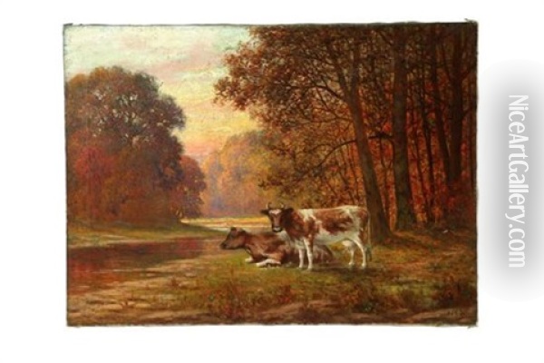 Landscape With Cows Oil Painting - Albert Francis King