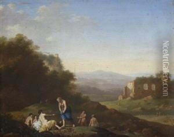 Badende In Sudlicher
 Ruinenlandschaft. Oil Painting - Cornelis Van Poelenburch