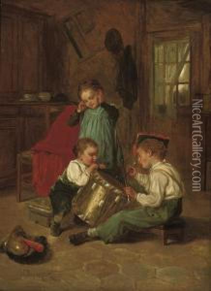 Beating The Drum Oil Painting - Theophile-Emmanuel Duverger