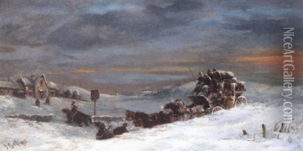 The Leeds To London Stage Coach In A Heavy Drift, Outside An Inn Oil Painting - John Charles Maggs