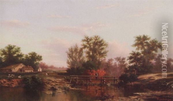 Louisiana Farm Landscape With Man Fishing From Bridge Oil Painting - William Henry Buck