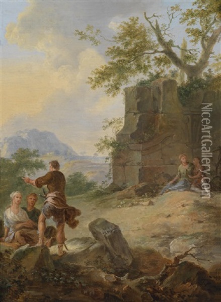 Ruinenlandschaft Mit Rastenden Personen (+ Another, Similar; Pair) Oil Painting - Franz de Paula Ferg