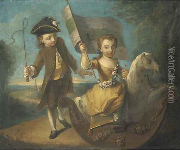 Double portrait of a girl and a boy, he full-length, in a green suit and yellow waistcoat wearing a tricorn, holding a whip in his right hand Oil Painting - Philipe Mercier