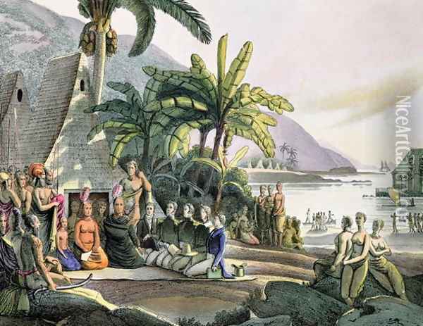 Meeting between the Expedition Party of Otto von Kotzebue (1788-1846) and King Kamehameha I (1740-52-1819) Ovayhi Island Oil Painting - Ludwig (Louis) Choris