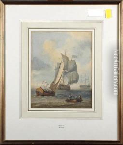 Dutch Men O'war Offshore Oil Painting - William Joy