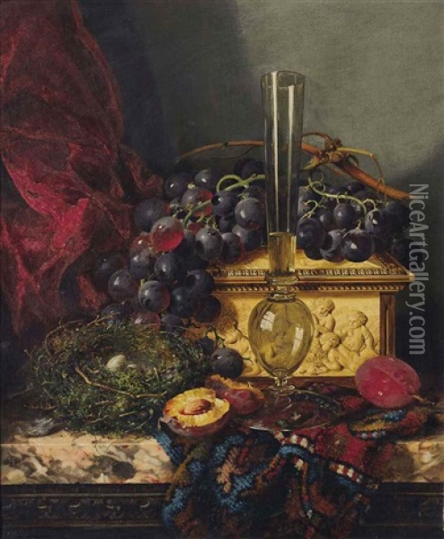 A Flute, With Plums, Grapes, A Bird's Nest And Ivory Casket, On A Persian Carpet On A Marble Ledge Oil Painting - Edward Ladell