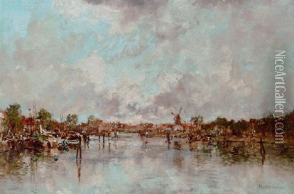 A Canal Scene At Dusk, Rotterdam Oil Painting - Johan Hendrik van Mastenbroek