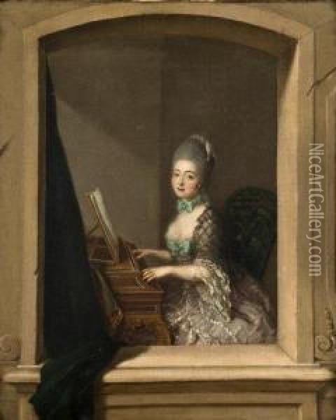 Portrait De Jeune Femme Au Piano Forte Devant Une Fenetre Oil Painting - Johann Eleazar Schenau