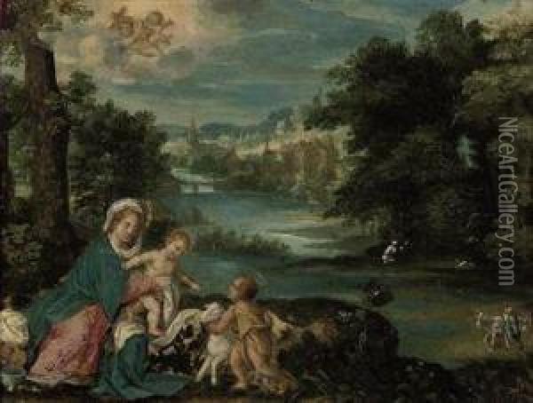 A River Wooded Landscape With The Madonna And Child With The Infantsaint John The Baptist, A Village Beyond Oil Painting - Hans Rottenhammer