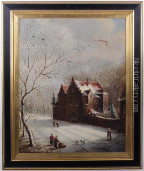 A Winter Scene With Figures And Dogs Oil Painting - Adrianus Eversen