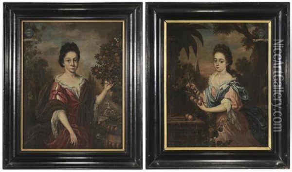 Portraits Of The Daughters Of Dr. Johann Schull In A Formal Garden Oil Painting - Pieter van der Hulst