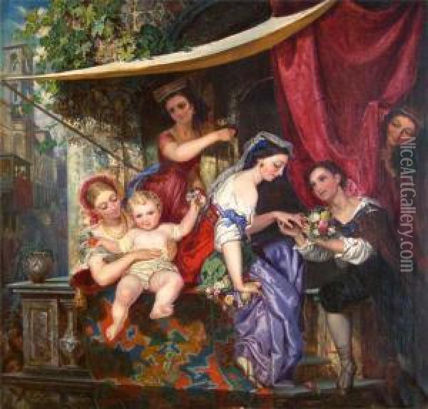 Venezianische Familienidylle Auf Einem Sonnigen Balkon Oil Painting - Carl Ludwig Friedrich Becker