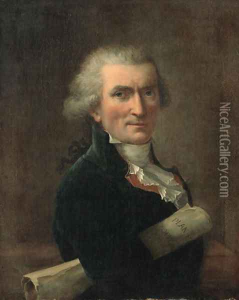 Portrait of a Gentleman, bust length, holding architectural plans Oil Painting - French School