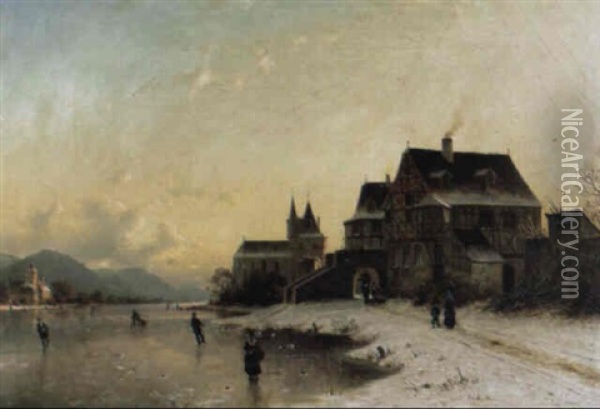 Townsfolk Skating On A Frozen Lake Oil Painting - Johannes Bartholomaeus Duntze