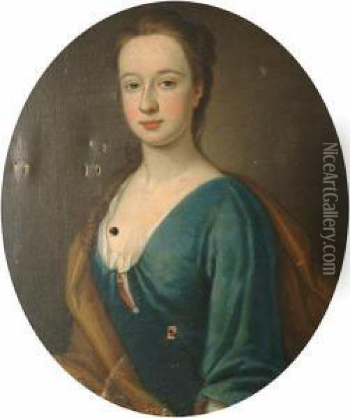 Portrait Of A Lady Bust-length, 
In A Blue Dress With A White Chemise And A Brown Wrap, In A Painted Oval Oil Painting - Thomas Gibson