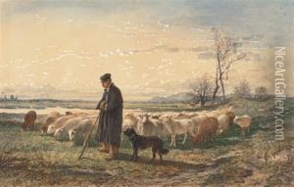 A Shepherd With His Flock Oil Painting - Felix Saturnin Brissot de Warville