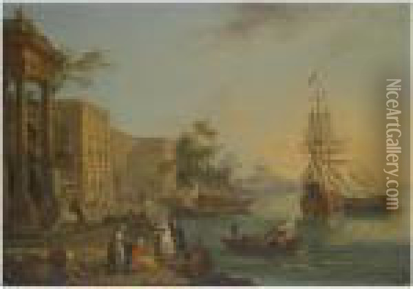 A Capriccio View Of The Custom 
House And Embankment In Londonwith Figures On The Quay In The Foreground Oil Painting - Jean-Baptiste Lallemand