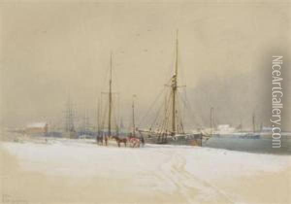 Yarmouth Docks Under Snow Oil Painting - Charles Harmony Harrison