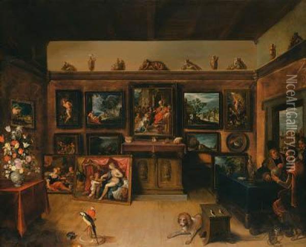 A Picture Gallery With A Man Of Science Making Measurements On Aglobe Oil Painting - Frans II Francken