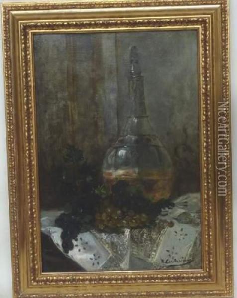  Nature Morte Aux Raisins Et Au Flacon  Oil Painting - Eugene Henri Cauchois