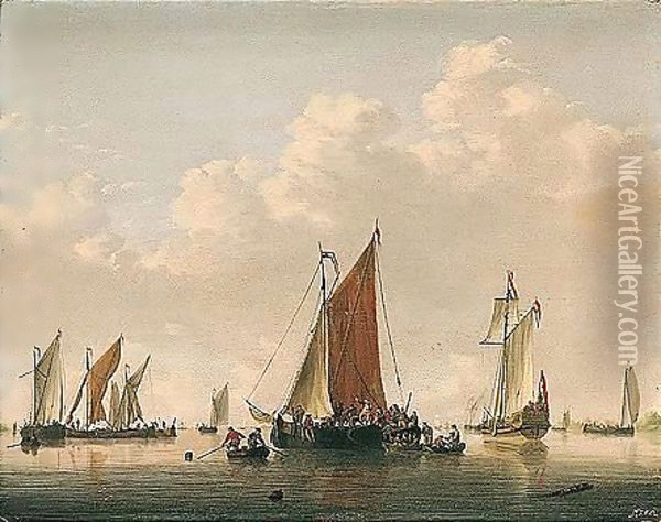 A Dutch Frigate And Light Shipping In A Calm, With Soldiers Boarding A Vessel Oil Painting - Jan van Os