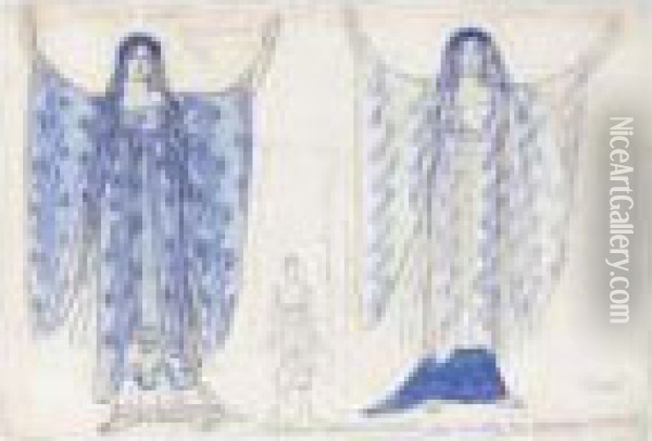 Costume Design For Two Girls With Shawls In Phaedre Oil Painting - Lev Samoilovich Bakst