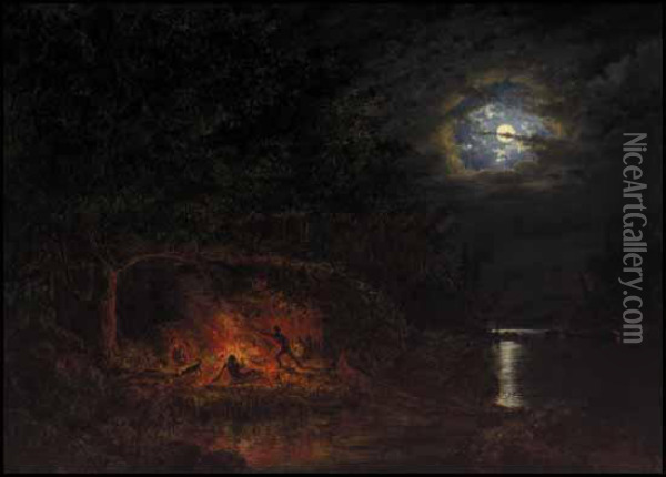 In Camp At Night Oil Painting - Cornelius Krieghoff