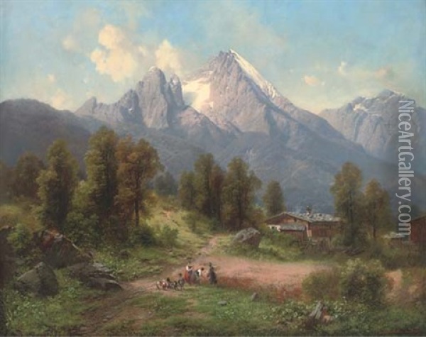Harvesters In An Alpine Landscape Oil Painting - Karl Millner