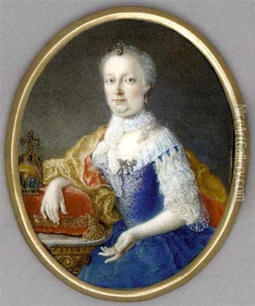 Maria Theresa Of Habsburg, Holy Roman Empress, Seated With Her Right Arm Resting On A Red Cushion With Gold Tassel Besides Two Jewelled Crowns, In Lace-bordered Blue Velvet Dress ... Oil Painting - Antonio Bencini