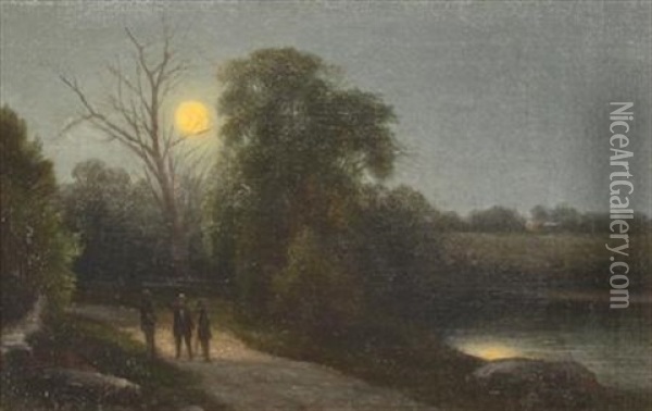 Figures On A Moonlit Path Oil Painting - Max Eglau