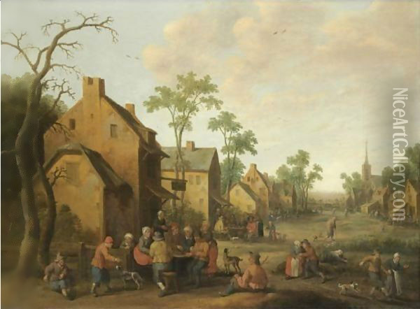A Village Scene With Figures Conversing Outside A Tavern Oil Painting - Joost Cornelisz. Droochsloot