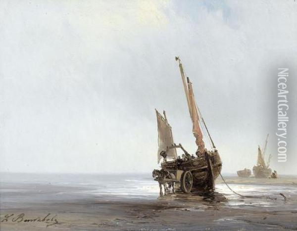 Kustenpartie Mit Gestrandeten Segelbooten Oil Painting - Louis Bentabole