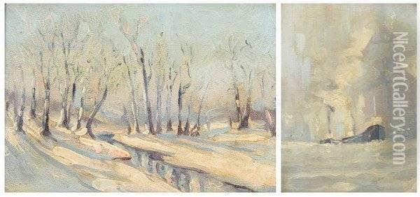 Winter Trees And Steamship: Two Works Oil Painting - Karl Kappes