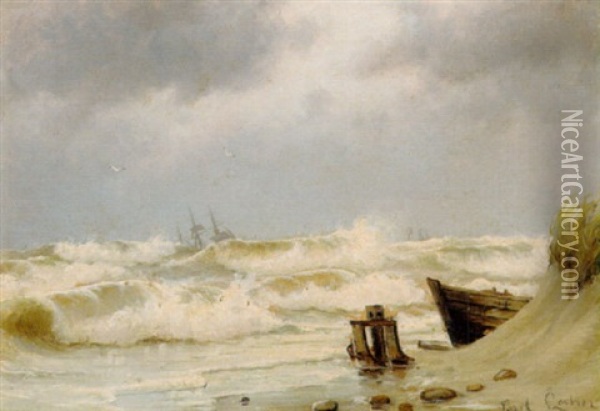 Bolgerne Brydes Pa Stranden, I Baggrunden Sejlskibe I Hoj So Oil Painting - Carl Ludvig Thilson Locher