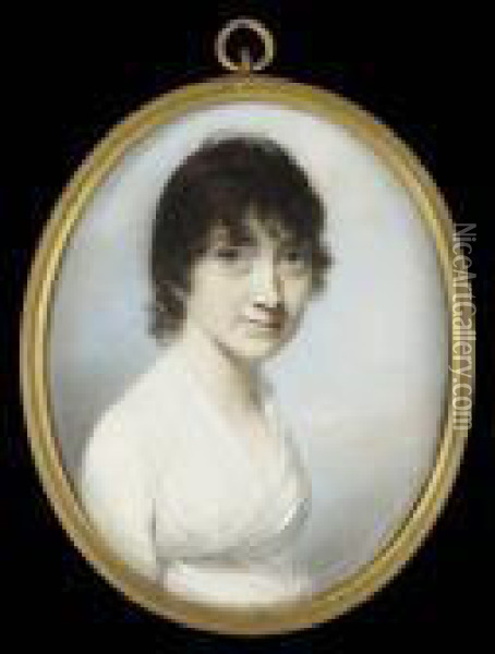 Miss Canning, Wearing White Dress With Cross-over Bodice Oil Painting - George Engleheart