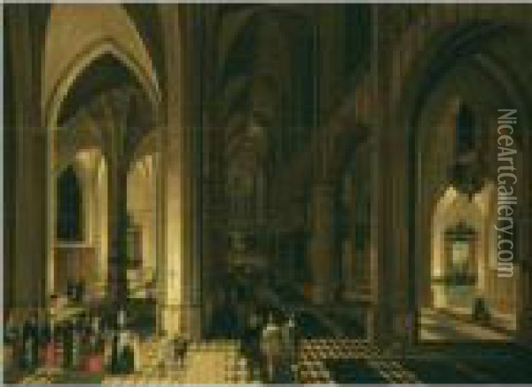 Church Interior Of The Antwerp Cathedral At Night, With Figures Ina Procession To The Left Oil Painting - Pieter Neefs The Elder, Frans The Younger Francken