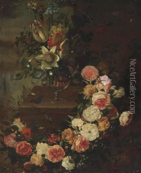 A Tulip, Convolvulus And Other Flowers In A Vase On A Plinth, With A Garland Of Roses And Peonies Oil Painting - Frans Werner Von Tamm