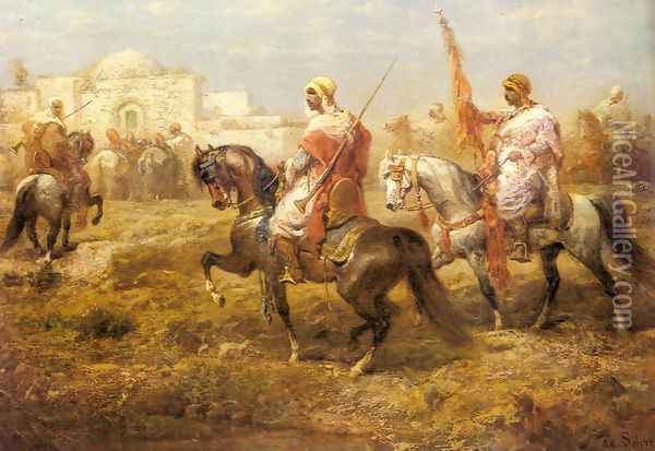 Arab Cavalry Approaching an Oasis Oil Painting - Adolf Schreyer