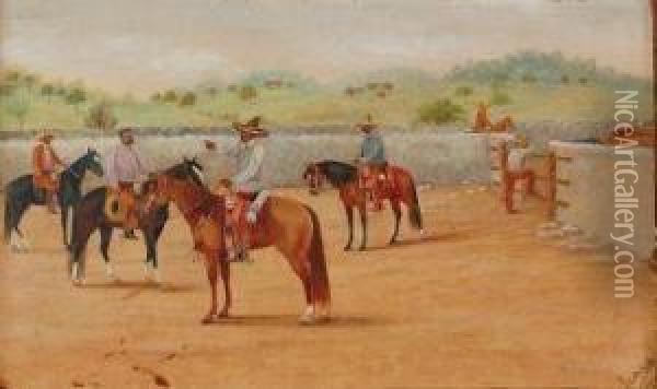 Escuela Mexicana.
Recibiendo Al Patron. Oil Painting - Ernesto Icaza