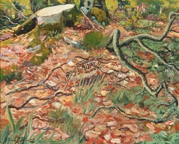 A Forest Floor With A Woodcock And A Few Anemones Oil Painting - William Gislander