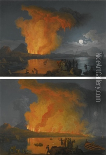 Vesuvius Erupting By Moonlight With Spectators In The Foreground And Vesuvius Erupting At Night With Spectators Looking On From The Foreground (pair) Oil Painting - Pierre Jacques Volaire