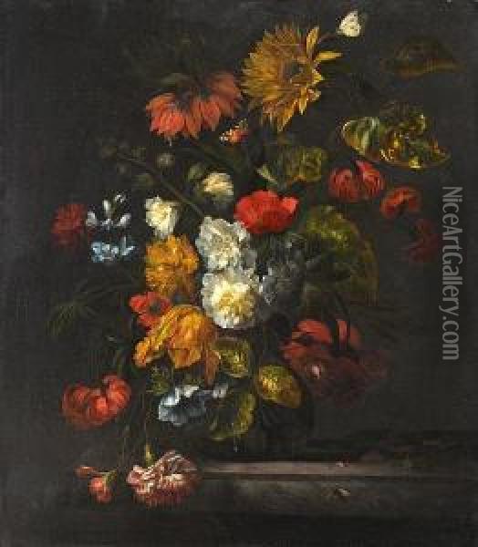 A Sunflower, Carnations, Roses, Tulips Andother Flowers In A Glass Vase On A Marble Ledge Oil Painting - Ernst Stuven