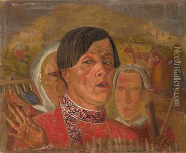 Self-portrait With Hen And Rooster Oil Painting - Boris Dmitrievich Grigoriev