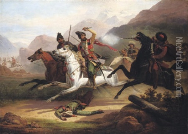 Caucasian Battle Oil Painting - Janvier (January) Suchodolski