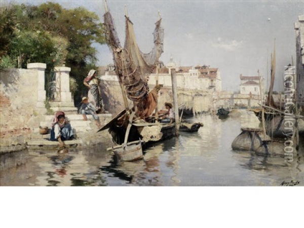 A Venetian Canal Scene Oil Painting - Henry Woods